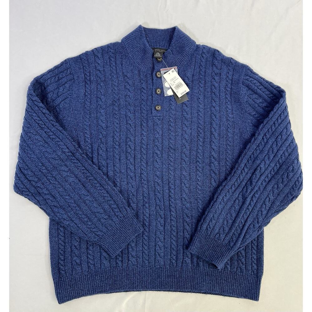 NWT Daniel Cremieux Men Cable Button Up Mock Neck Cashmere Sweater Blue XXL $295